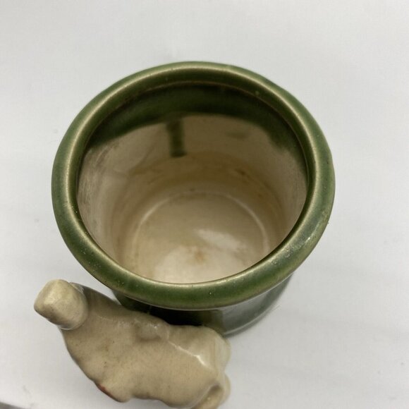 VTG Ceramic Planter Cup Vase Elephant Lucky Trunk Up Green Bamboo Asian 2 3/4”H - Picture 7 of 12